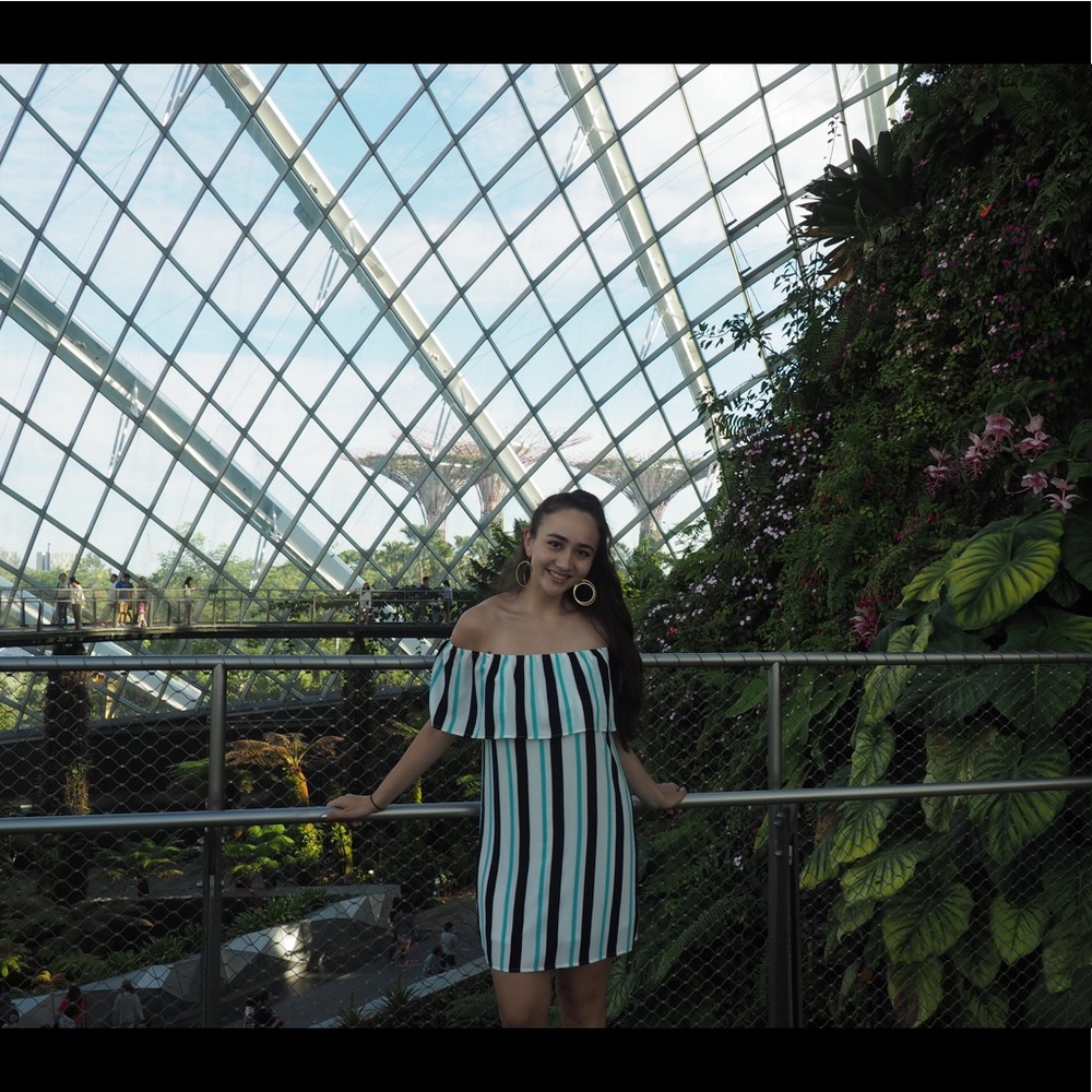 Vertical line off the shoulder dress